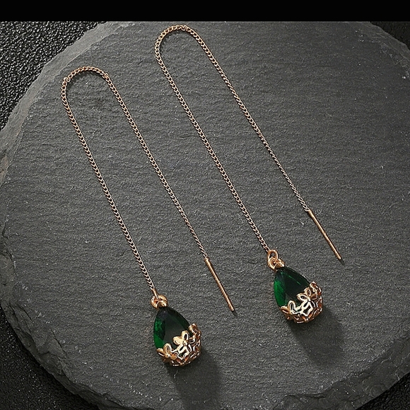 Gold Green Threader Earrings - Picture 2 of 2